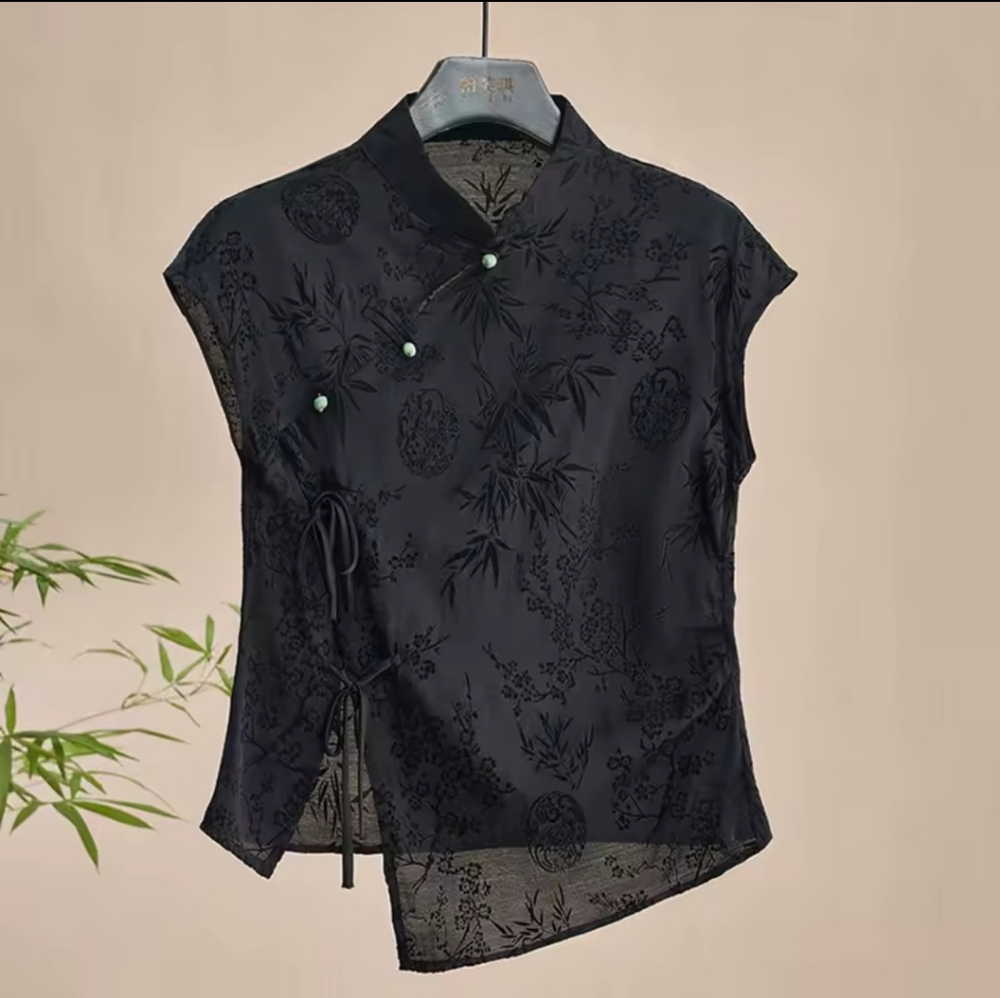 Retro Thin Shirt New Chinese Style Cheongsam TopBlack Jacquard Short Sleeve T-s - Picture 5 of 6